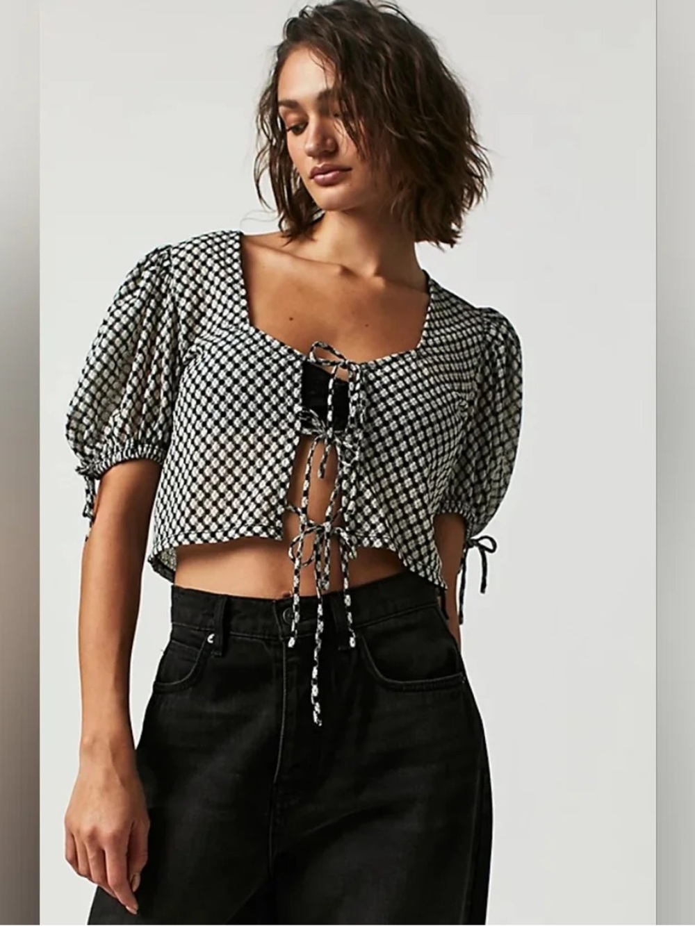 Square Neck Tie-Front Crop Top in Black & White